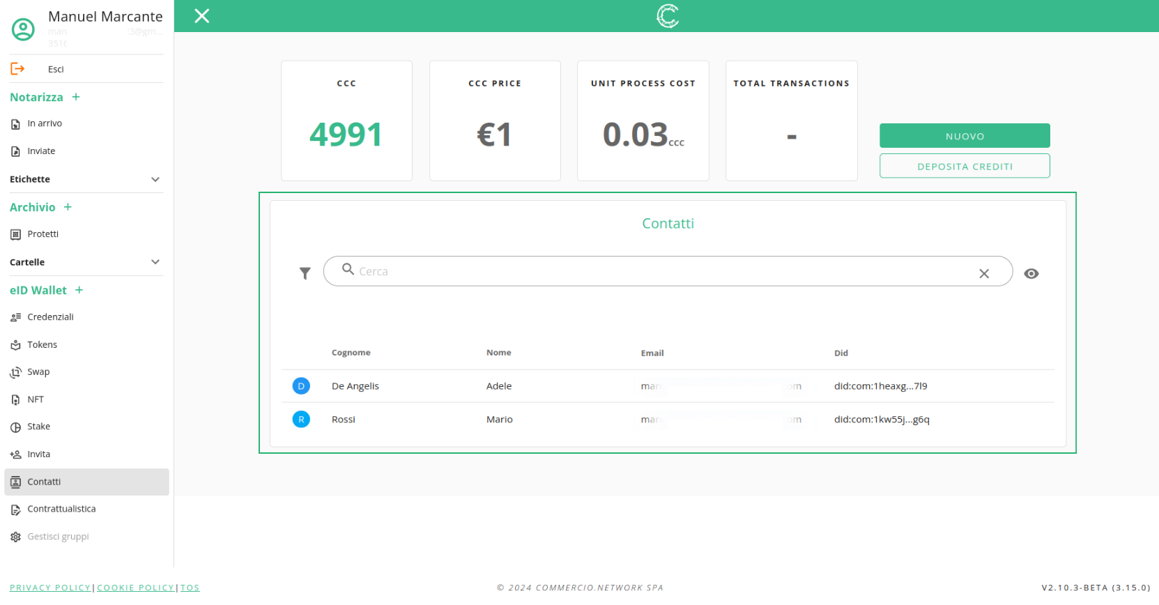 Interfaccia della lista contatti in eDelivery
